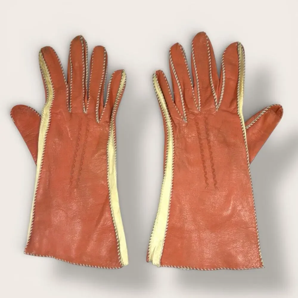 Vintage Kin Kid Leather Colorblock Gloves Ivory Orange Tablecut Size 6.5 1950s
